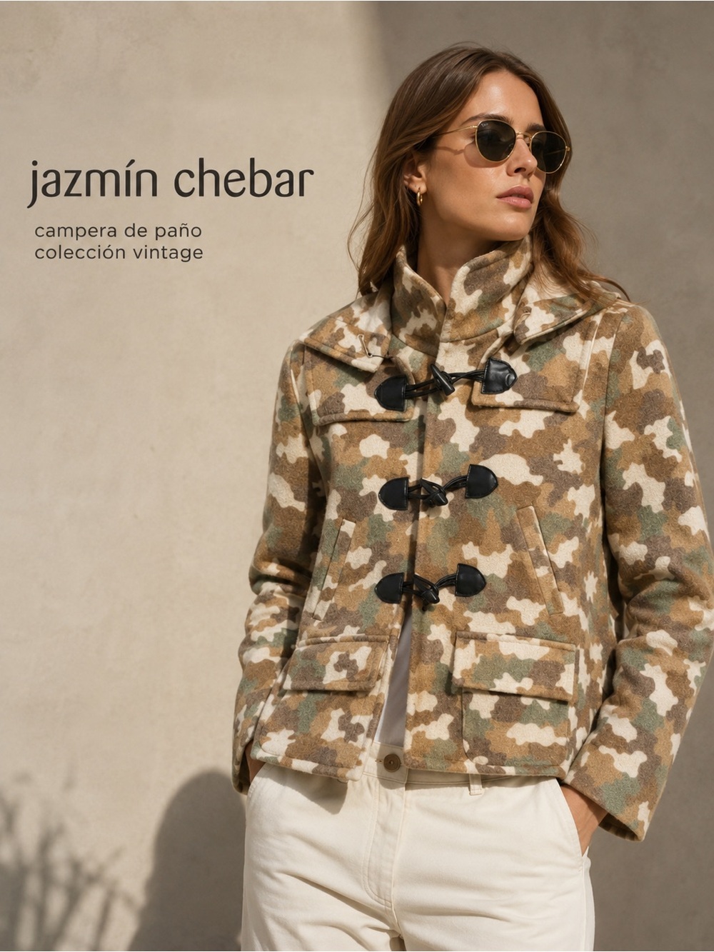 Jazmin Chebar Beige & Green Camouflage Toggle Utility Jacket